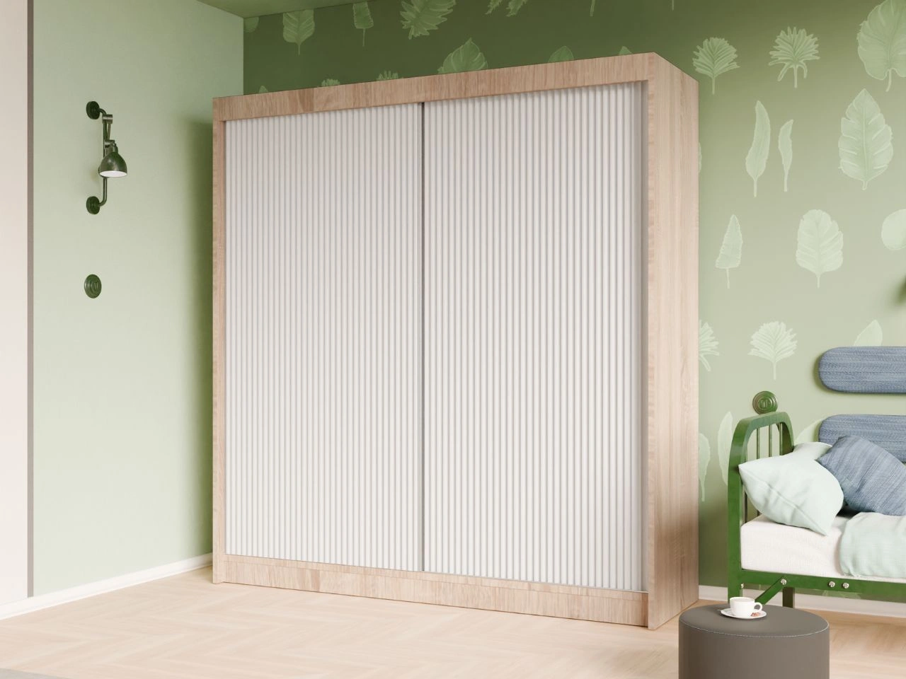 Schiebetürenschrank mit geriffelter Front 200 cm Fano Eiche Sonoma, Weiß