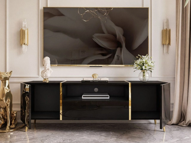 TV-Schrank im Glamour-Stil mit Schränken und Schublade Lunelie Schwarz Hochglanz
