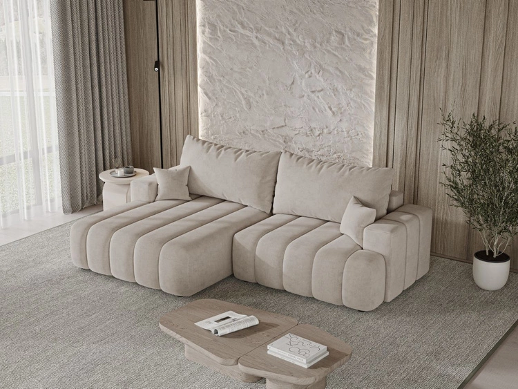 Ecksofa L-Form Links mit Schlaffunktion und Bettkasten Caleo Beige