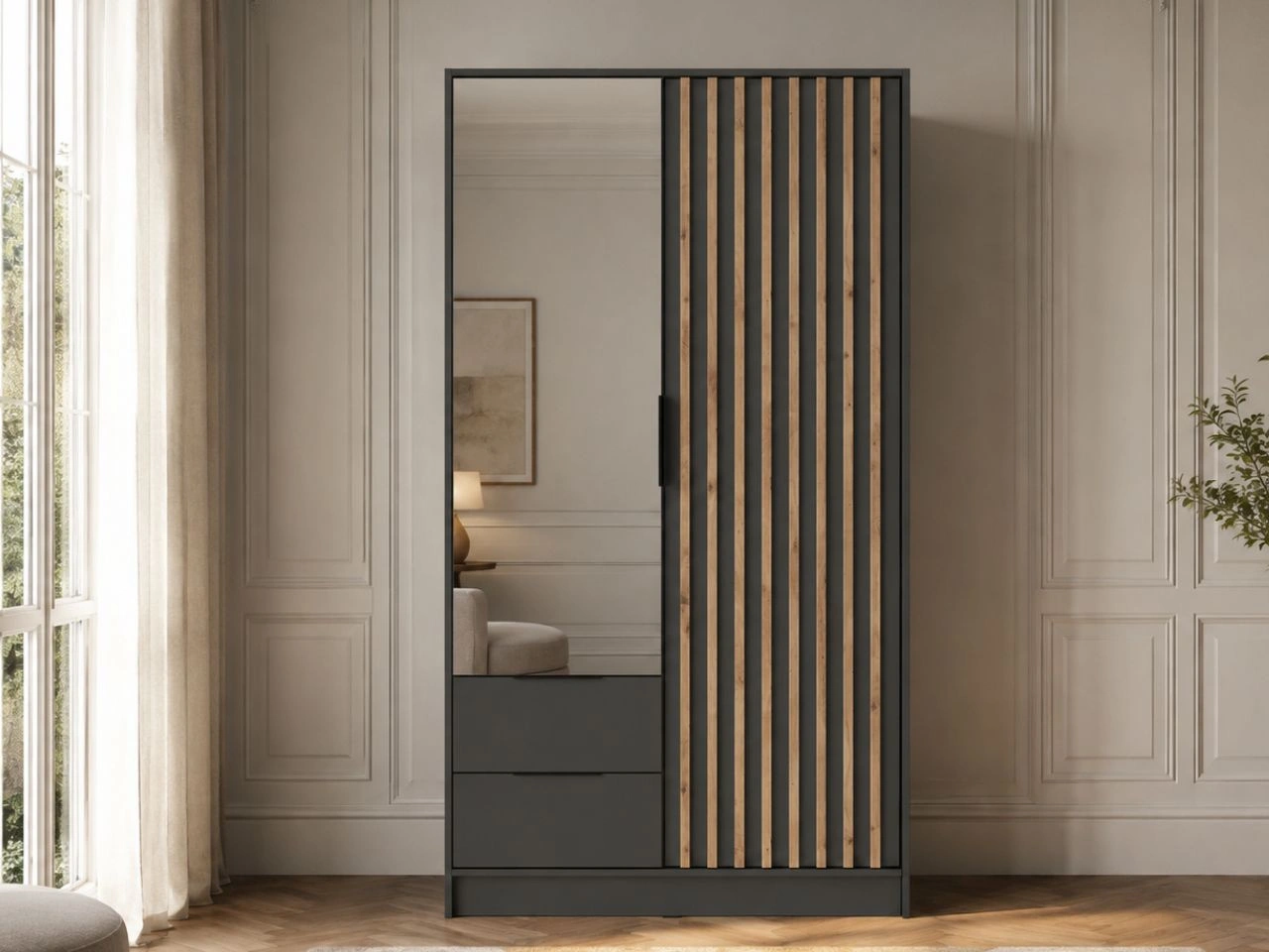 Kleiderschrank mit Spiegel 105 cm Macron Graphit, Artisan Eiche