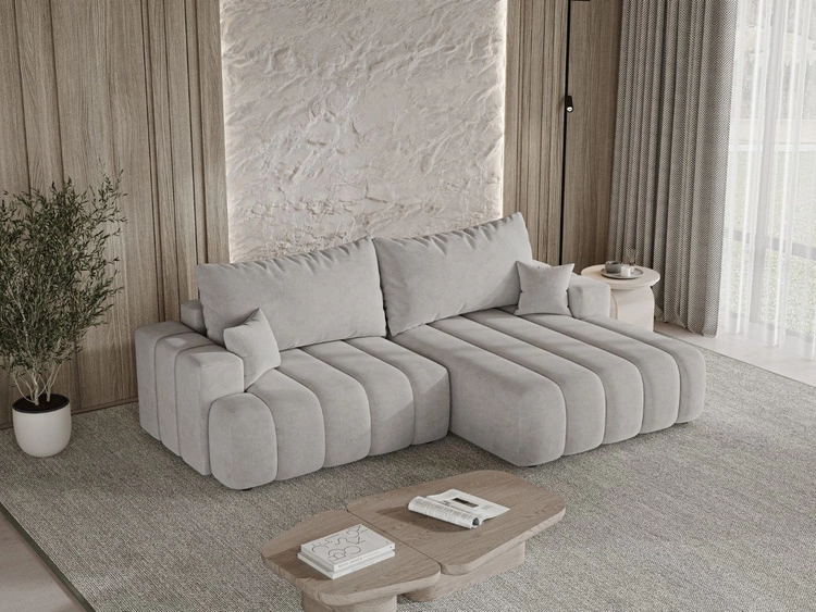 Ecksofa L-Form Rechts mit Schlaffunktion und Bettkasten Caleo Hellgrau