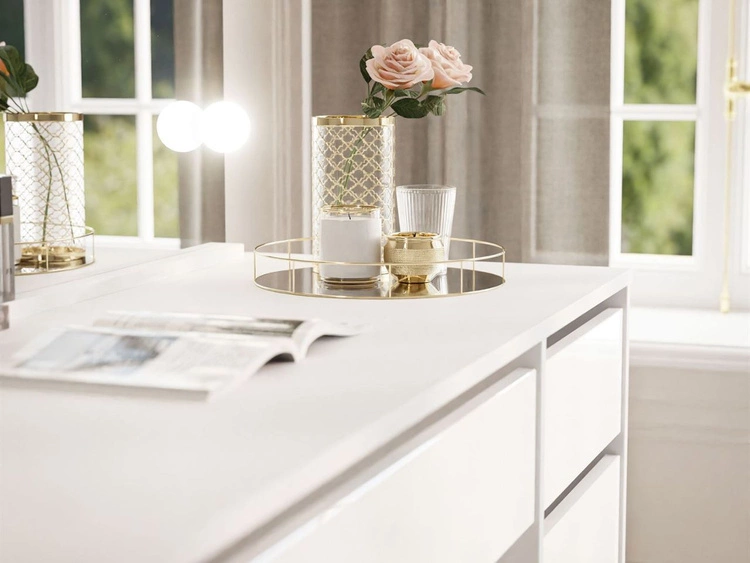 Schminktisch mit Spiegel, Schubladen und LED Melo Elite Weiß Hochglanz