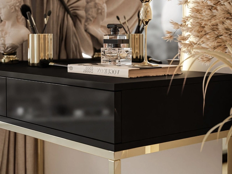 Kosmetiktisch rechtsseitig mit Schubladen und LED-Beleuchtung auf goldenen Beinen Clarette Schwarz Hochglanz
