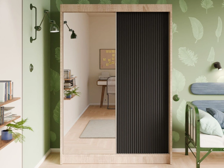 Schiebetürenschrank mit geriffelter Front und Spiegel 150 cm Fano Eiche Sonoma, Schwarz