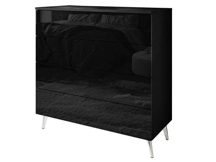 Kommode mit vier Schubladen und LED-Beleuchtung auf Silbernen Metallbeinen Nuveo Schwarz Hochglanz