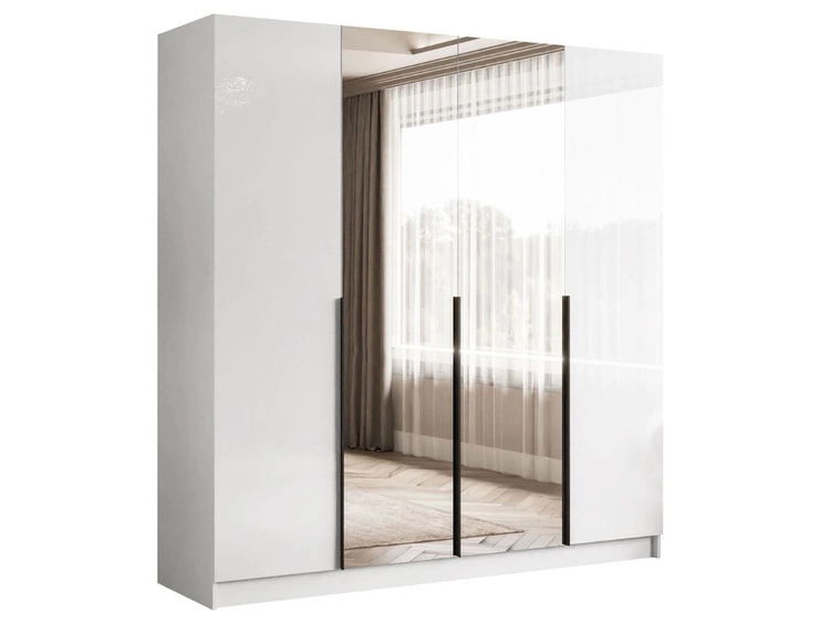 Kleiderschrank mit Drehtüren, Schwarzen Griffen, Schubladen und Spiegeln Ameli Weiß Hochglanz