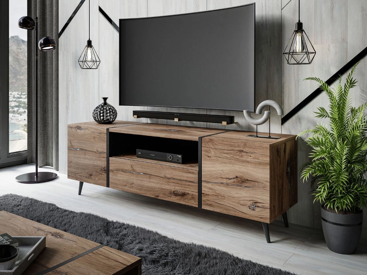 TV-Schrank im Loft-Stil mit Schränken und Schublade Lunelie Eiche Flagstaff