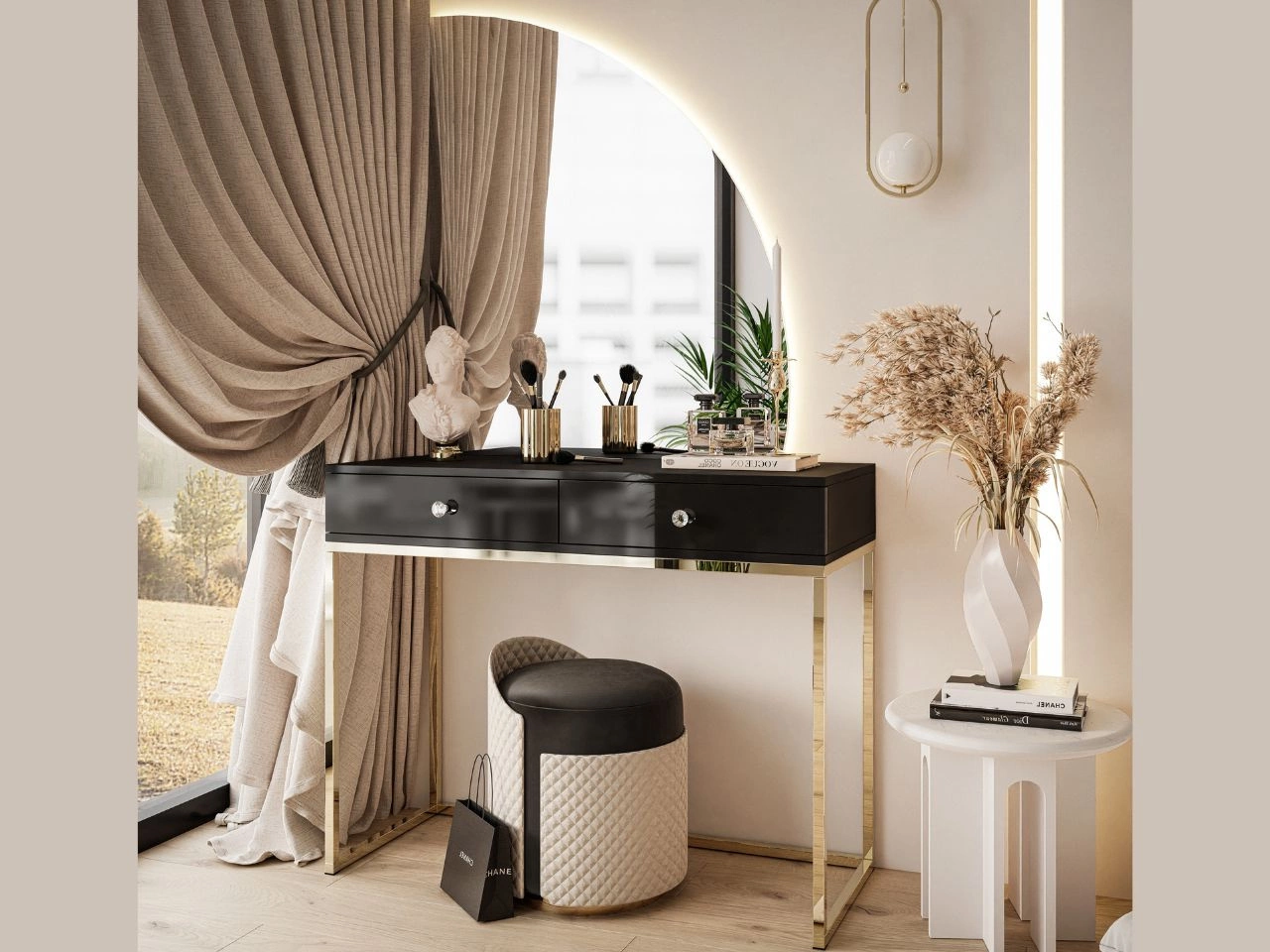 Kosmetiktisch rechtsseitig mit Schubladen und LED-Beleuchtung auf goldenen Beinen Clarette Schwarz Hochglanz