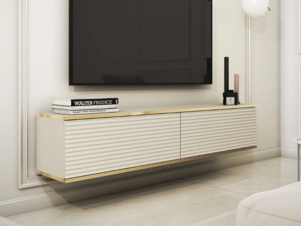 TV-Lowboard Hänge mit Türen 135 cm Diolo Beige mit geriffelter Vorderseite