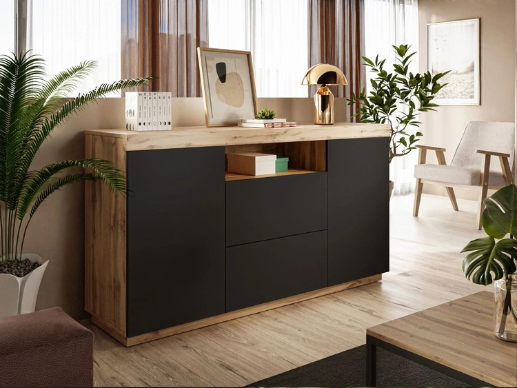 Wohnzimmer-Set – TV-Schrank und Kommode Asumi Schwarz und Eiche Wotan