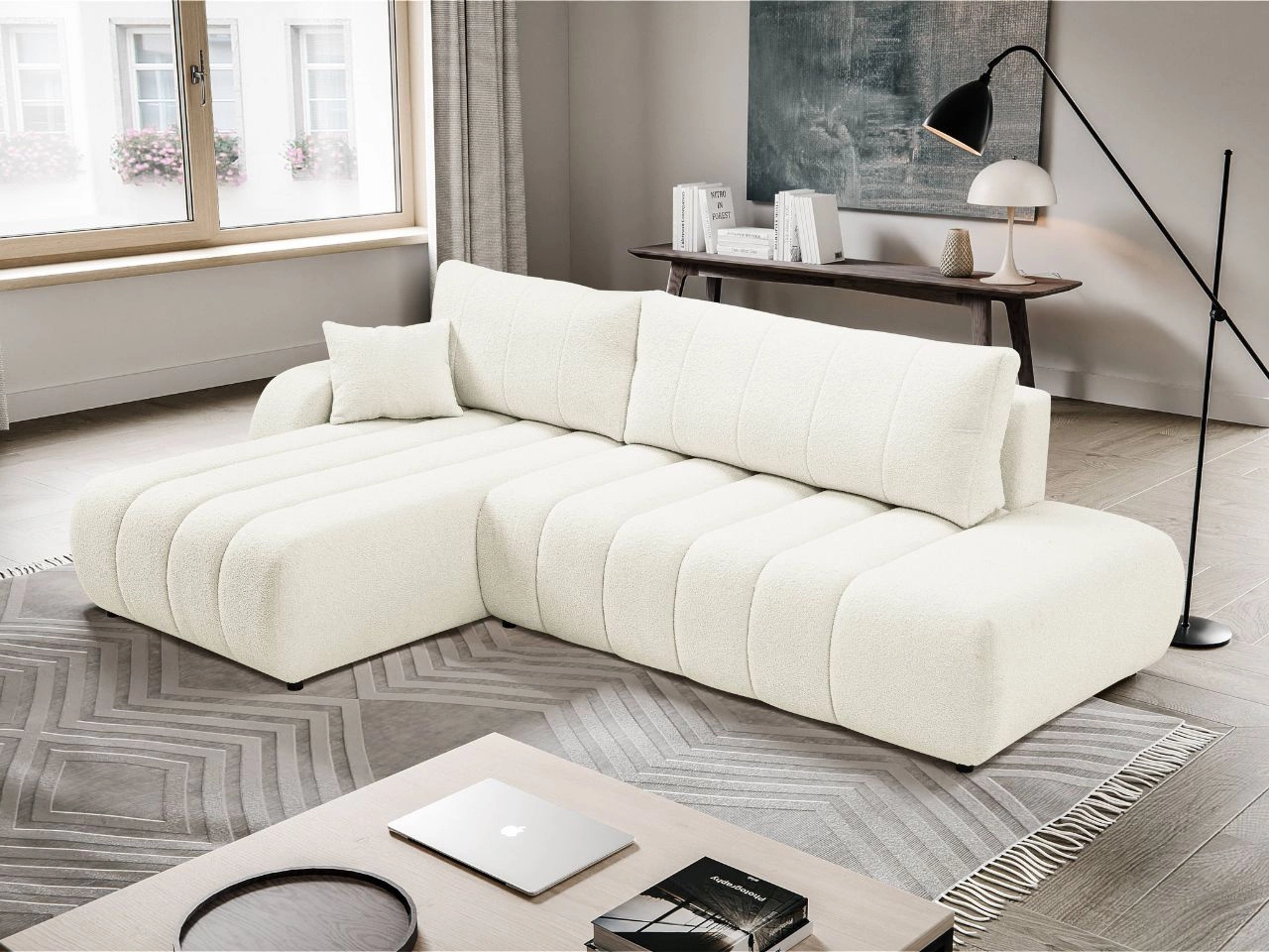 Ecksofa mit Schlaffunktion und Bettkasten Links Adoro Creme