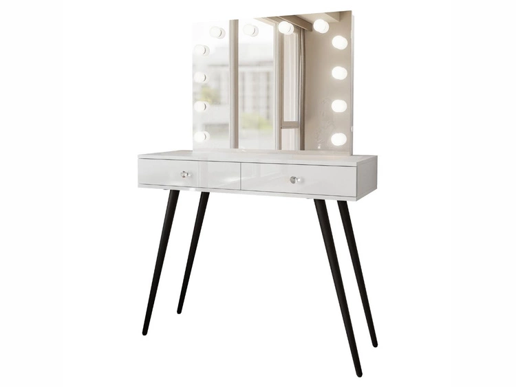 Schminktisch im Glamour-Stil mit schwarzen Beinen, Kristallgriffen und LED-Beleuchtung Olivine Elite Weiß Hochglanz