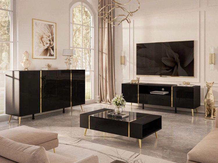 Wohnzimmer-Set im Glamour-Stil auf Beinen Lunelie Schwarz Hochglanz