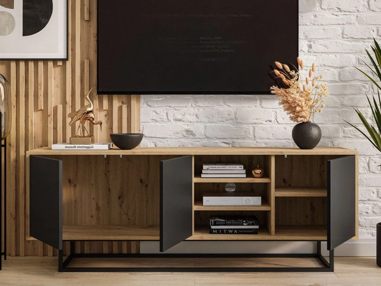 TV-Lowboard mit Türen auf schwarzem Gestell Vivance Schwarz und Artisan Eiche