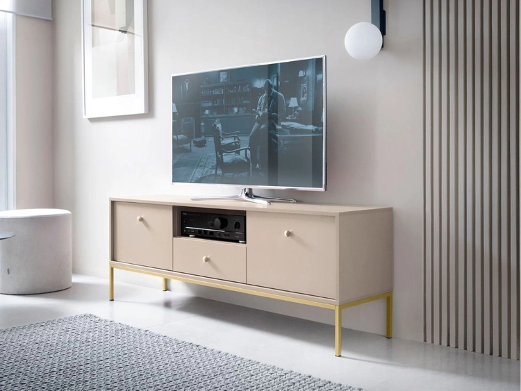 TV-Lowboard mit Schublade und Türen mit Golden Metallbeinen Amor Beige