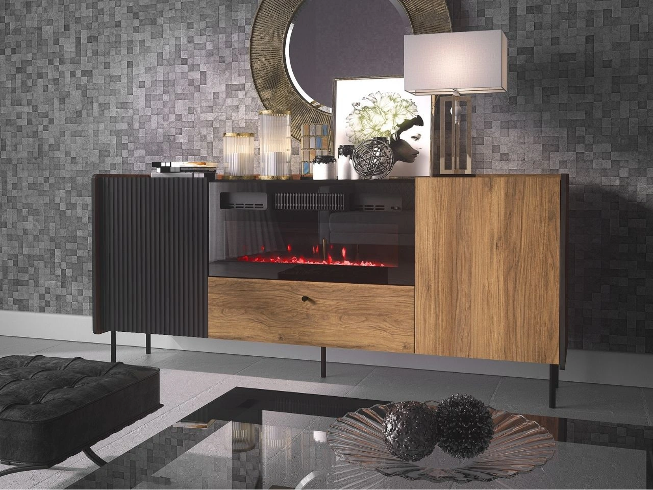 Kommode mit Türen, Schubladen und Kamin Pascale Nussbaum Warmia, Schwarz