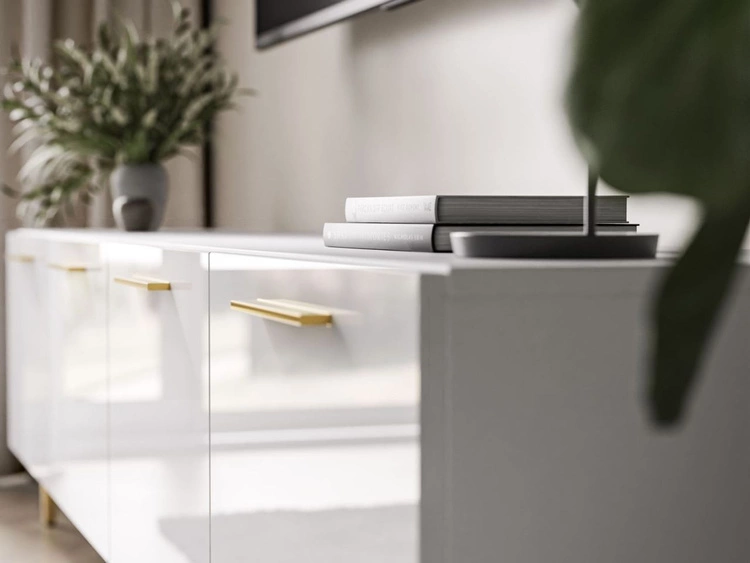 Wohnwand für das Wohnzimmer auf Goldenen Metallbeinen Noaé Weiß Hochglanz