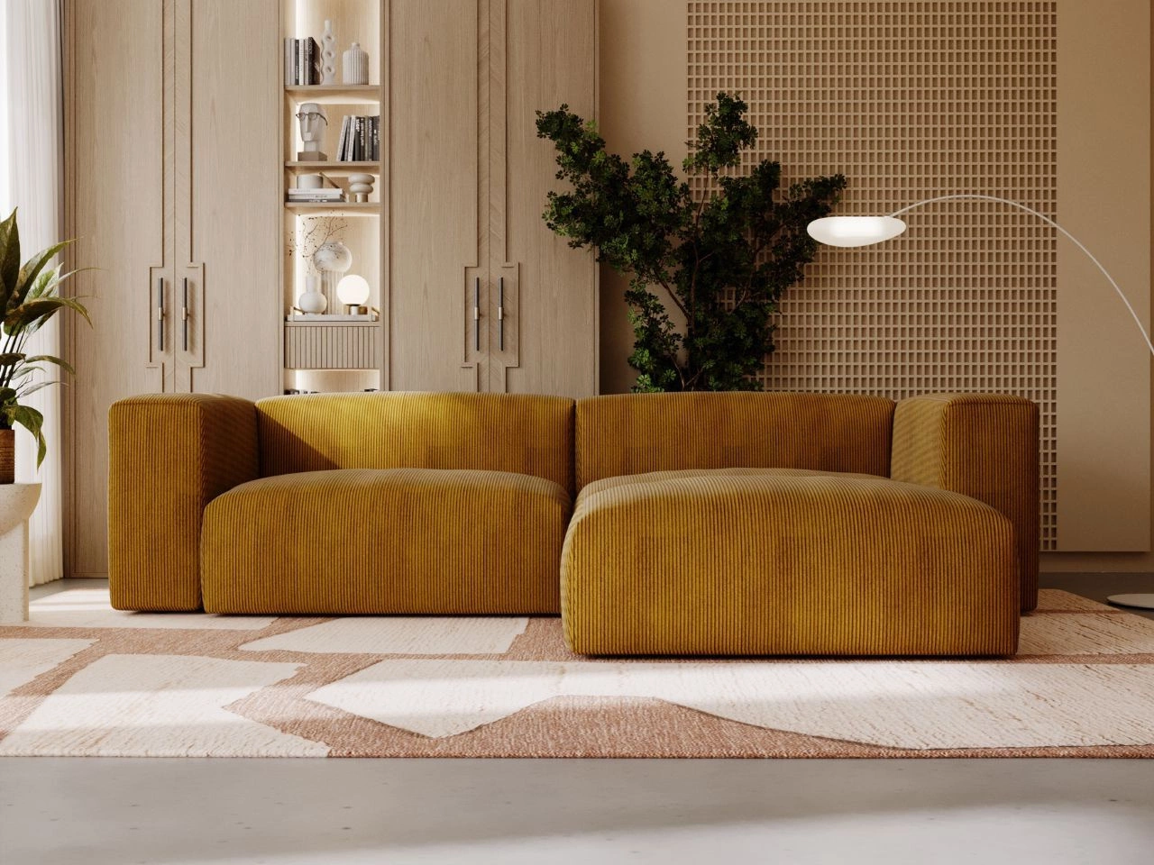 Ecksofa L-Form Rechts Moderne Cord Ecksofa Landi Honigfarben