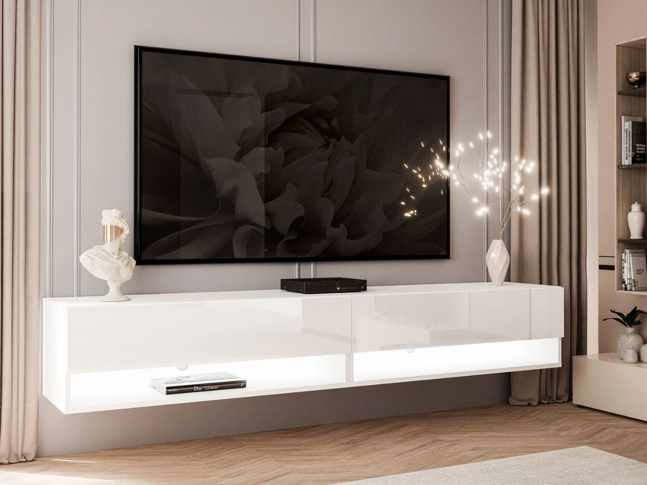 Hänge TV-Schrank 180 cm für Wohnzimmer mit LED-Beleuchtung Aurelie Weiß Hochglanz