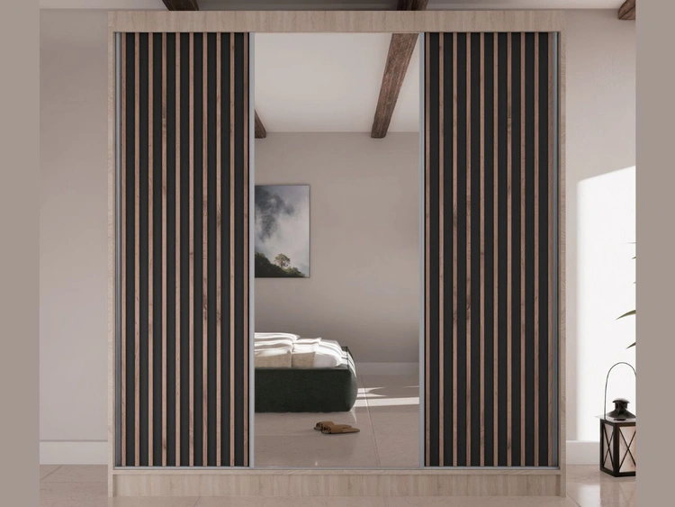 Schiebetürenschrank mit Lamellen und Spiegel 200 cm Lucena Eiche Sonoma, Schwarz