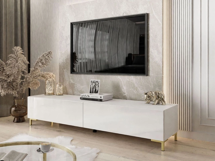 TV-Lowboard mit zwei Türen auf goldenen Beinen 175 cm Sorelle Weiß Hochglanz