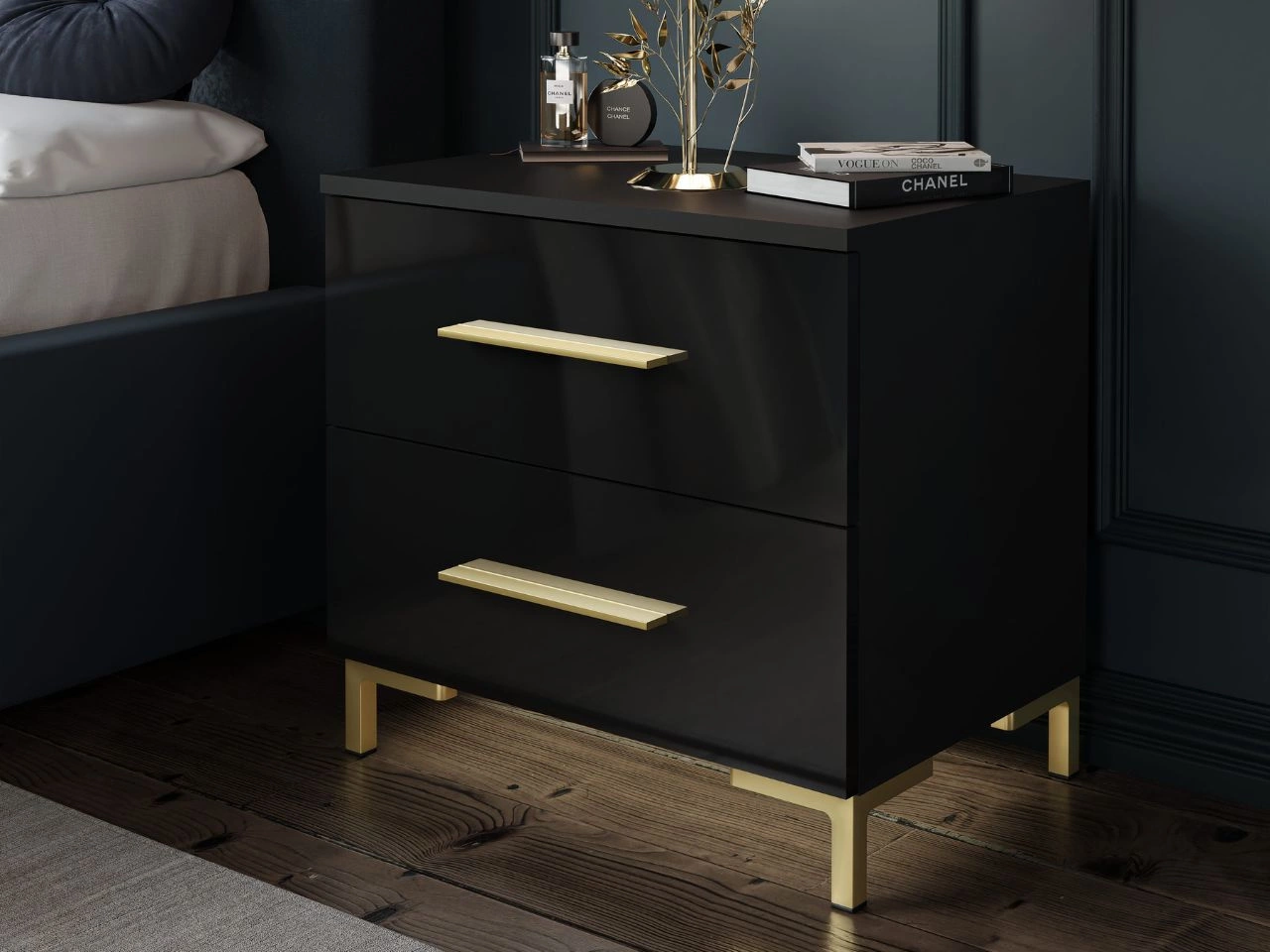 Nachttisch mit Schubladen auf Goldenen Beinen Nuveo Schwarz Hochglanz