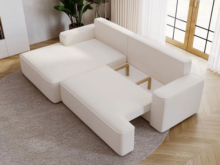 Ecksofa L-Form Links mit Schlaffunktion und Bettkasten California Creme
