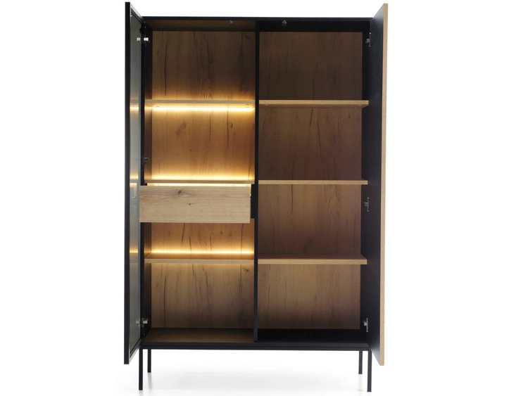 Vitrinenschrank mit Led Deo 166 cm Schwarz, EIche Wotan