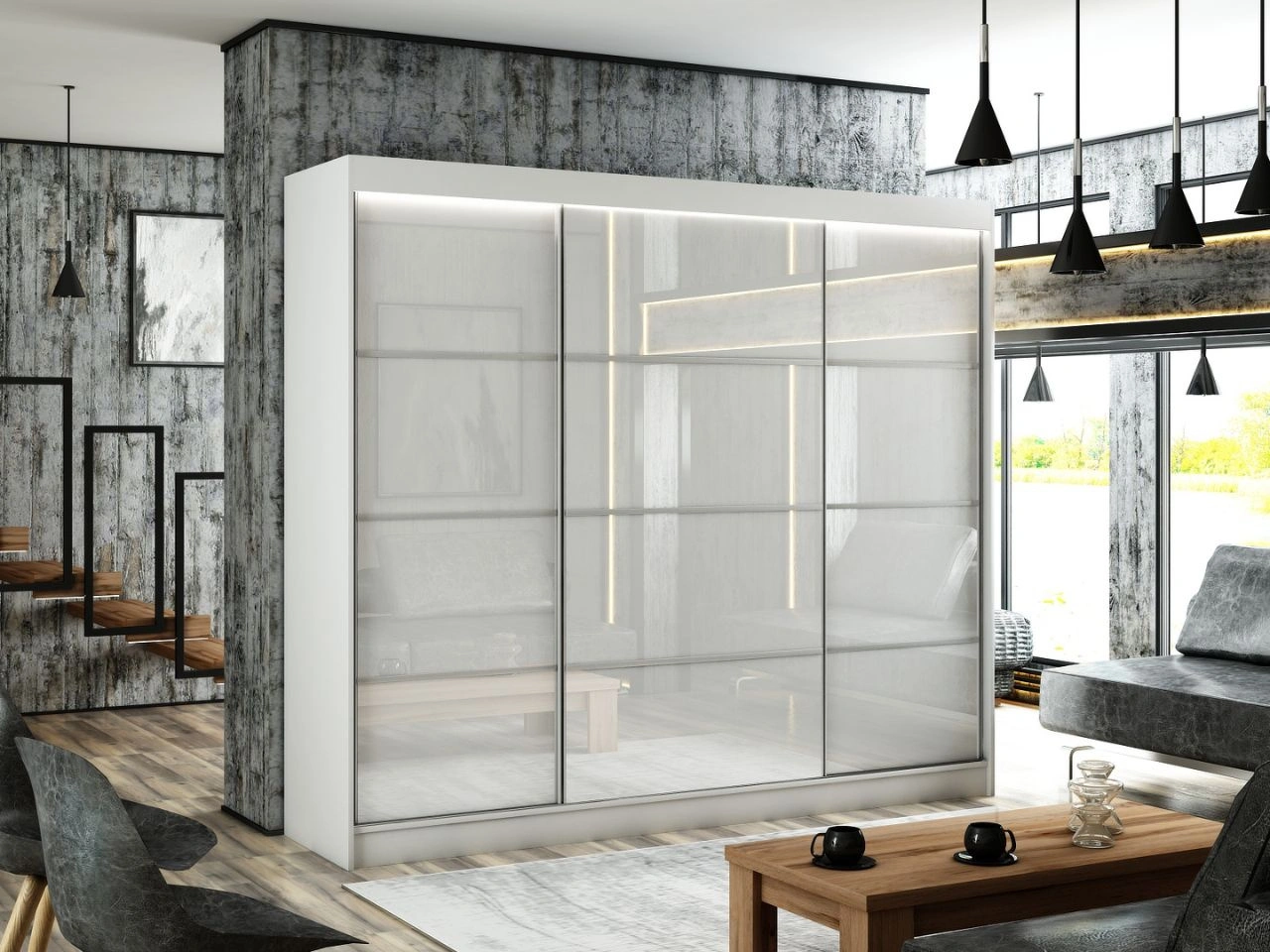 Schiebetürenschrank mit Sprossen 250 cm mit LED-Beleuchtung Ponti Weiß