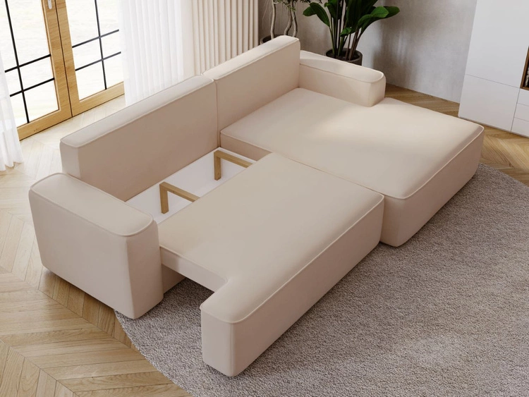 Ecksofa L-Form Rechts mit Schlaffunktion und Bettkasten California Beige