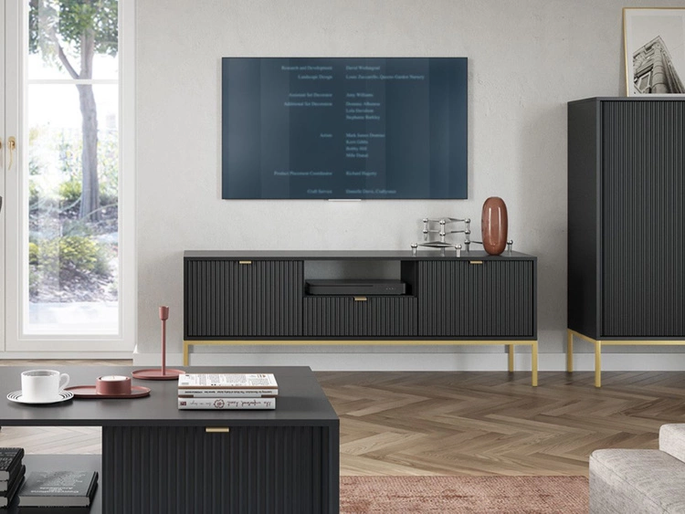 TV-Lowboard mit Schublade und Türen Amber Schwarz, Gold Frame