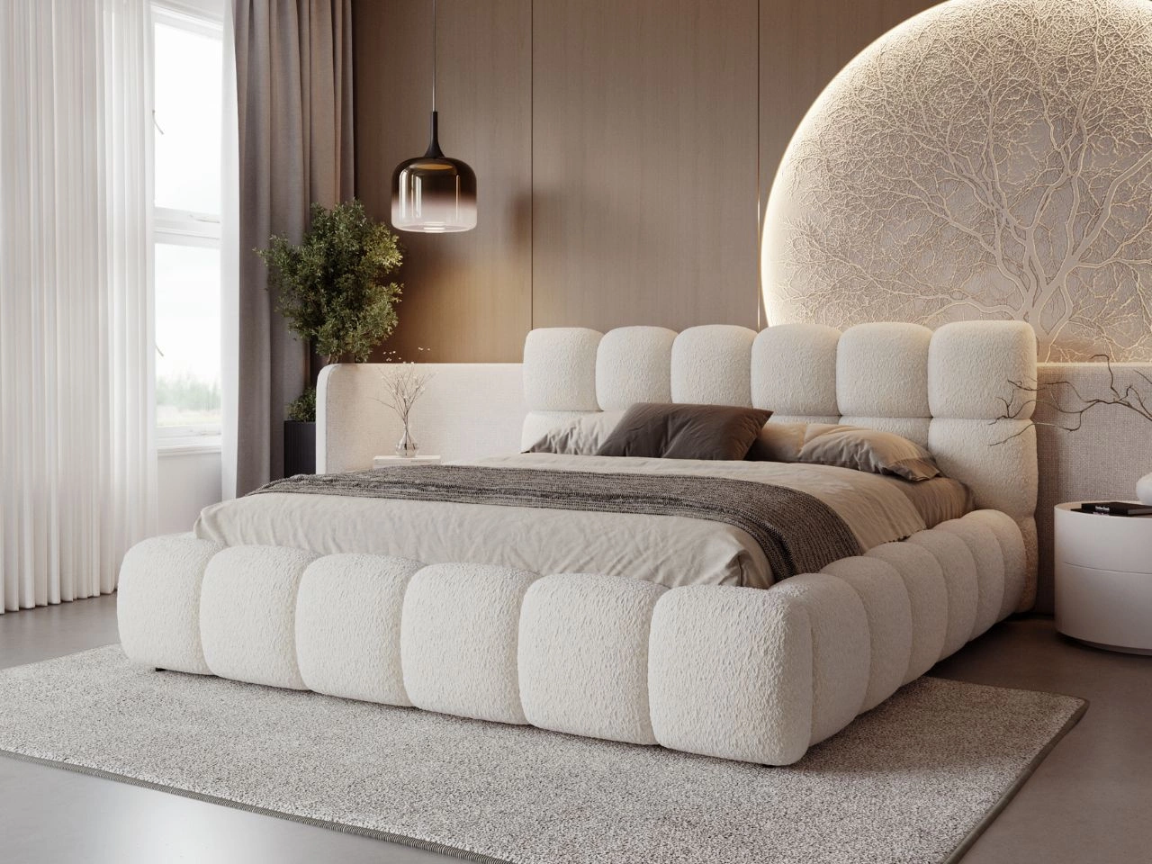 Polsterbett mit Bettkasten und Lattenrost 180x200 Modo aus Bouclé-Stoff Beige