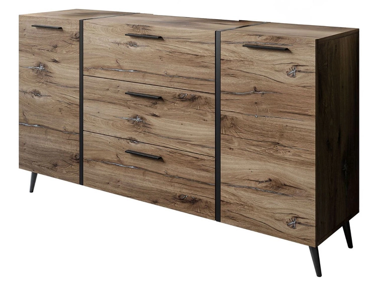 Zweitürige Kommode 158 cm mit drei Schubladen und schwarzen Griffen Lunelie Flagstaff-Eiche