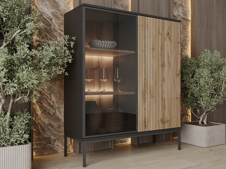 Vitrinenschrank mit Led Deo 126 cm Schwarz, EIche Wotan