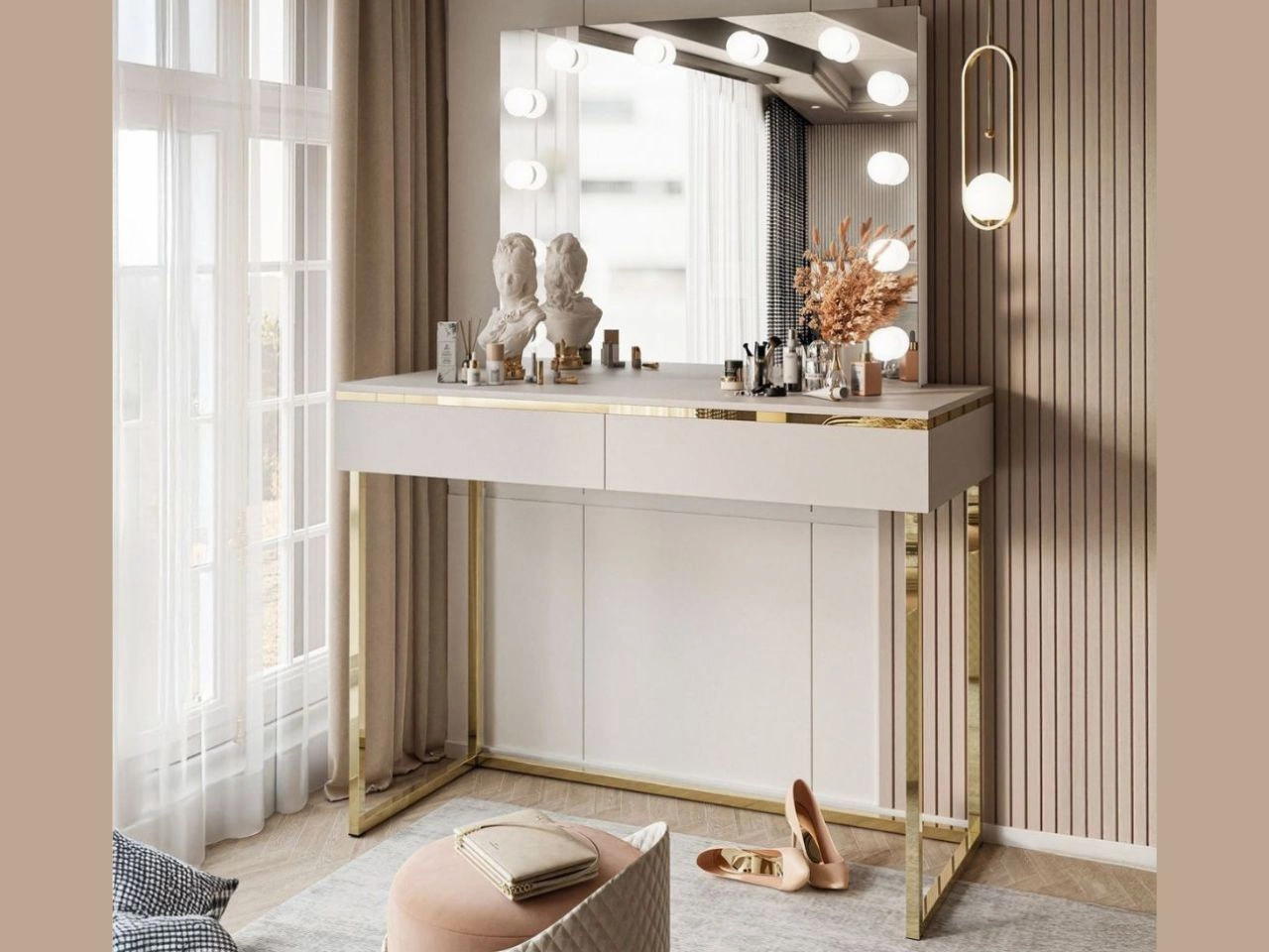 Schminktisch Glamour mit Schubladen, Spiegiel und LED-Beleuchtung auf goldenen Gestell Evare Kaschmir