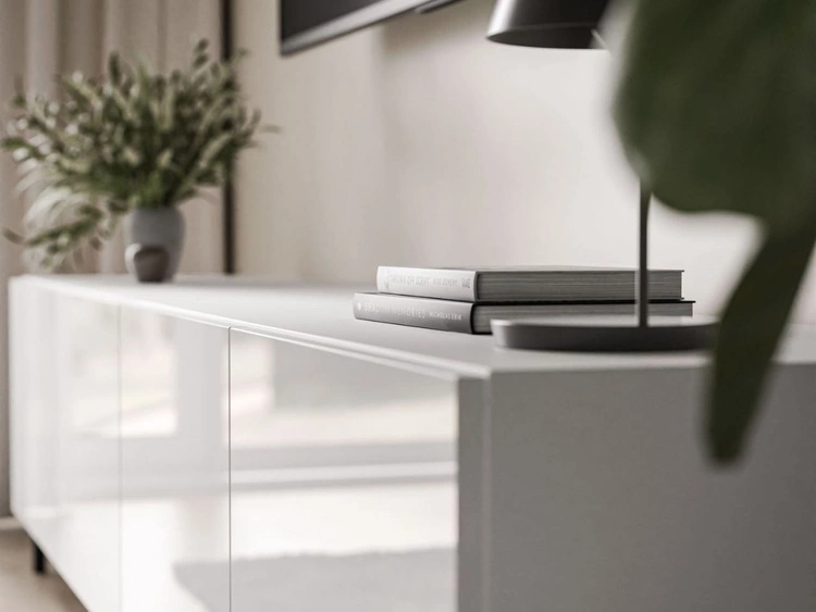 TV-Lowboard mit Türen auf Schwarzen Beinen 200 cm Nodoo Weiß Hochglanz