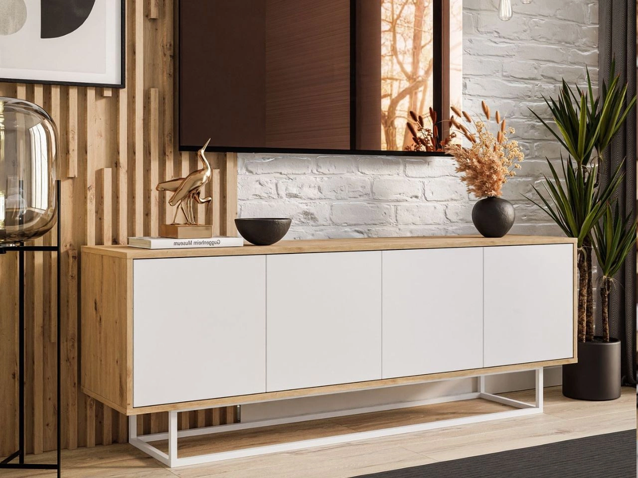 TV-Lowboard mit Türen auf weißem Gestell Vivance Weiß und Artisan Eiche