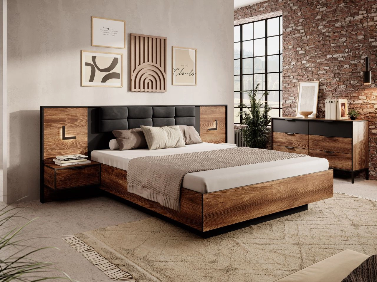 Holzbett mit Nachttischen 160x200 Montreal Kastanie Schwarz