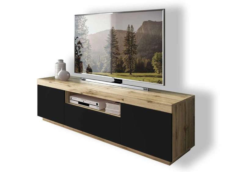 TV-Lowboard Asumi mit Türen und Schublade – Schwarz matt und Eiche Wotan