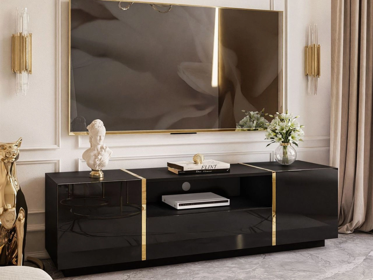 TV-Lowboard im Glamour-Stil, zweitürig mit Schublade Lunelie Schwarz Hochglanz