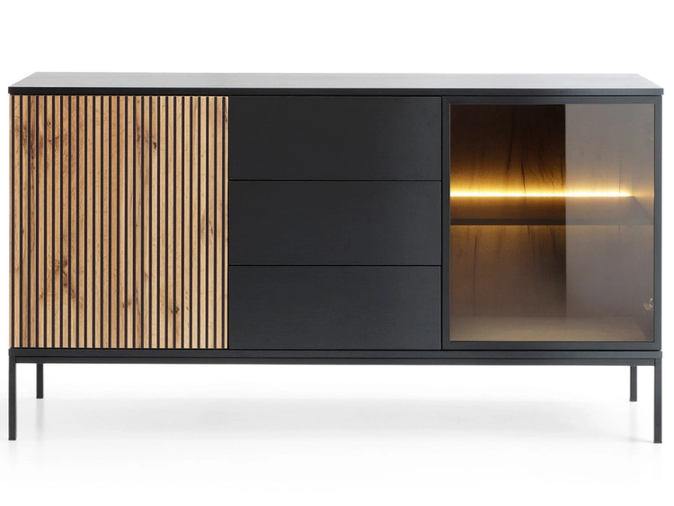 Kommode mit Türen und Schubladen Deo Schwarz, Eiche Wotan