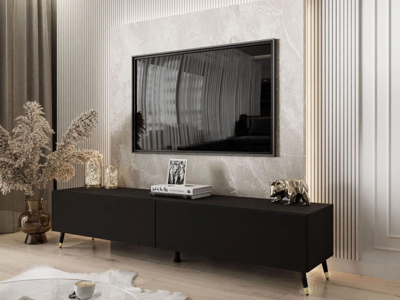Zweittüriges TV-Lowboard auf schwarz-goldenen Beinen 175 cm mit LED-Beleuchtung Sorelle Schwarz matt
