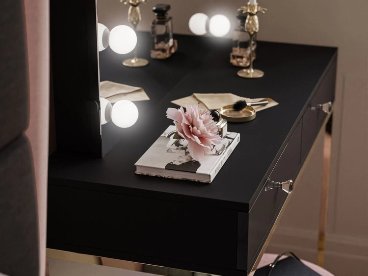 Schminktisch Glamour mit Schubladen, Spiegel und LED-Beleuchtung Brisa Schwarz Hochglanz