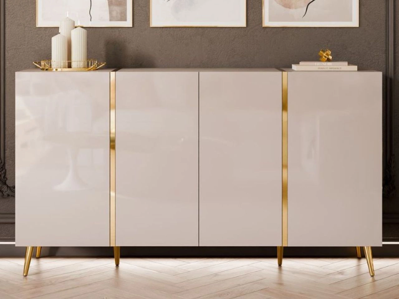 Viertürige Kommode 158 cm Glamour-Stil auf goldfarbenen Metallbeinen Lunelie Kaschmirglanz