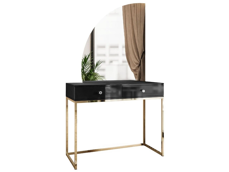 Kosmetiktisch linksseitig mit Schubladen und LED-Beleuchtung auf goldenen Beinen Clarette Schwarz Hochglanz