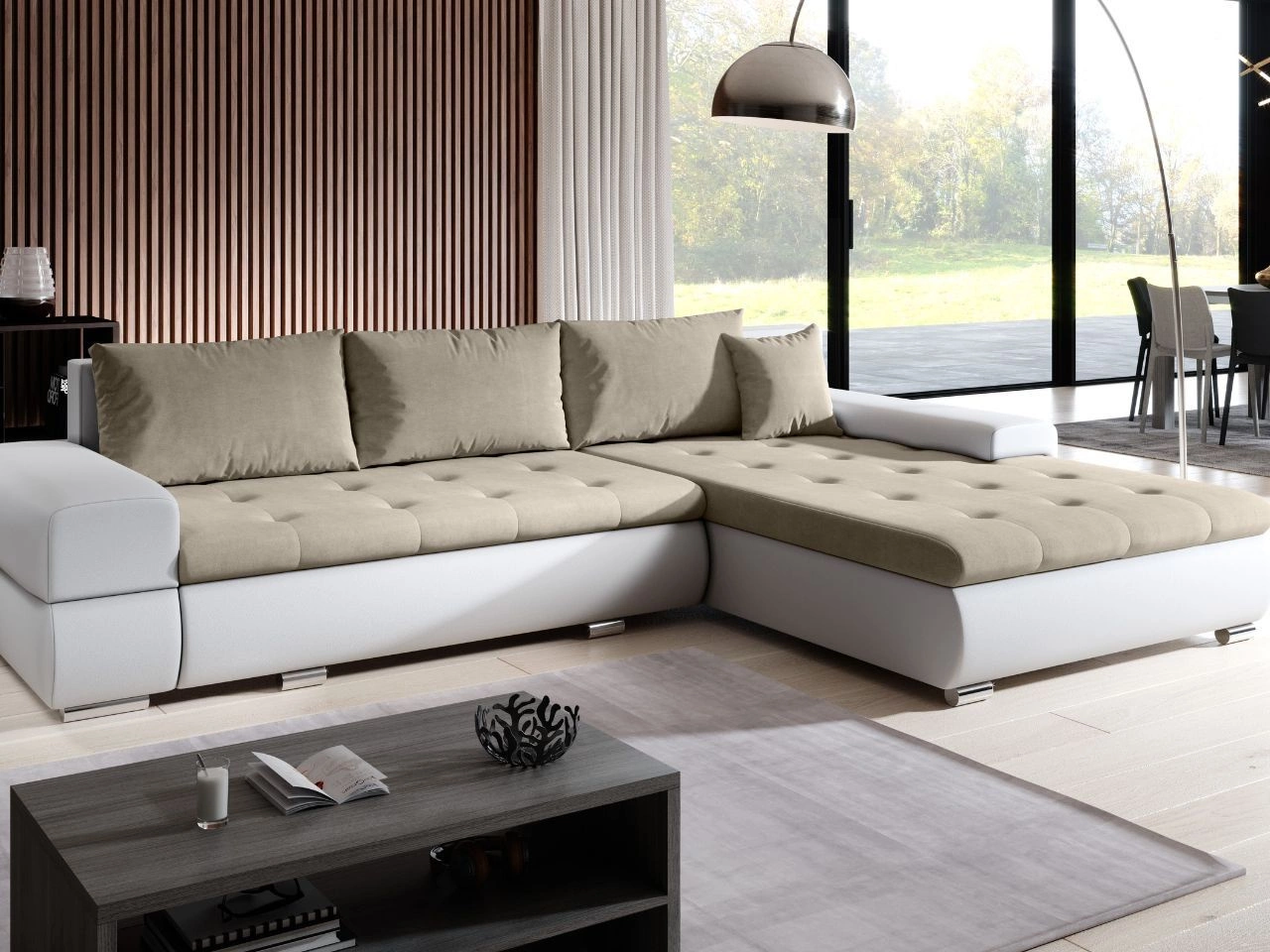 Ecksofa L-Form mit Schlaffunktion und Bettkasten Sonia Beige, Weiß