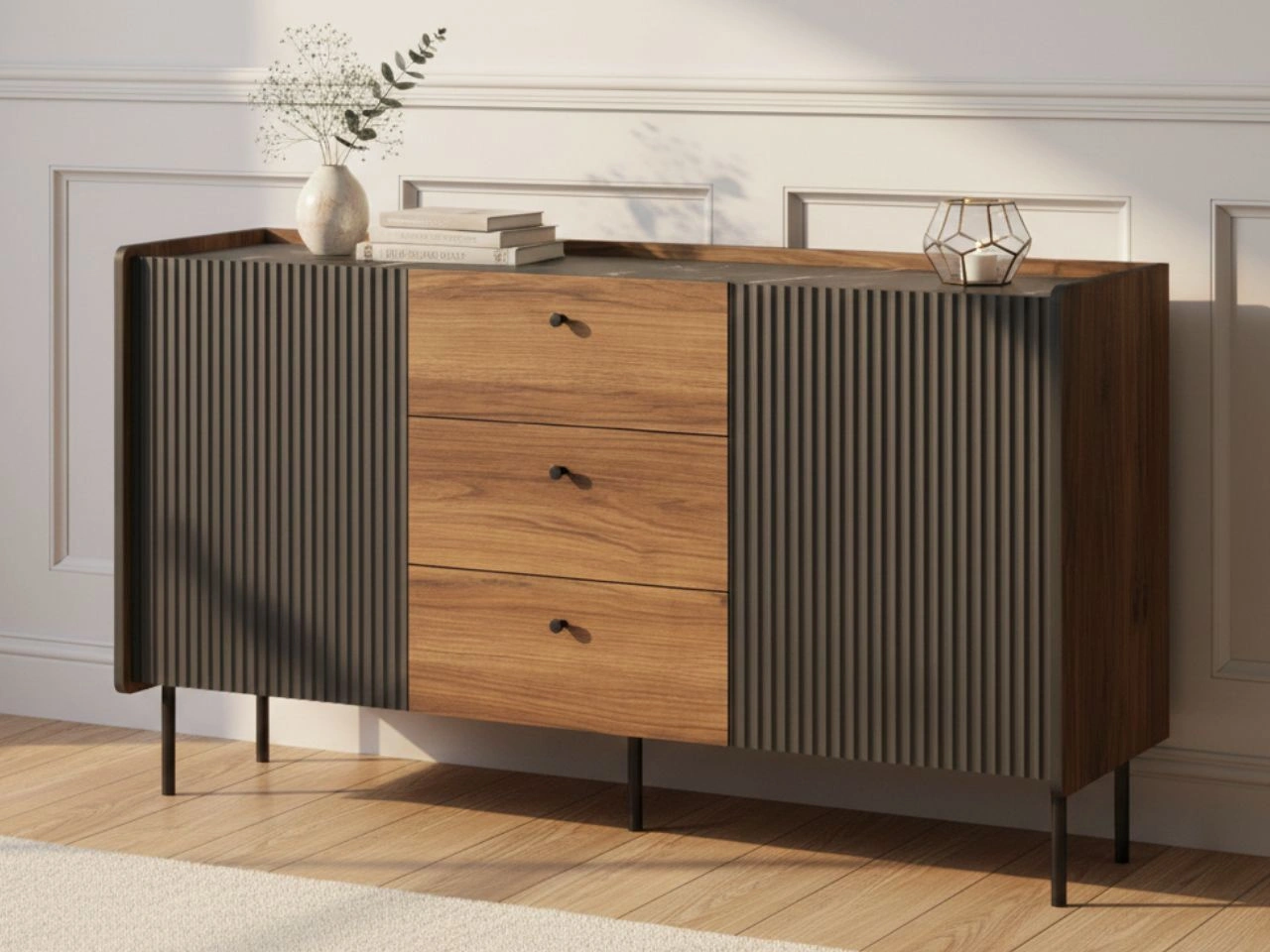 Kommode mit Türen und Schubladen 150 cm Pascale Nussbaum Warmia, Schwarz