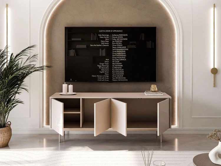 TV-Lowboard im Glamour-Stil mit Türen auf kaschmirfarbenen Füßen Vivance, Kaschmir Hochglanz