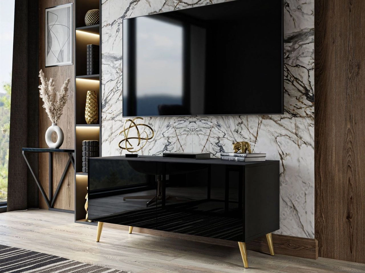 TV-Lowboard mit Türen auf Goldenen Metallbeinen 100 cm Noaé Schwarz Hochglanz