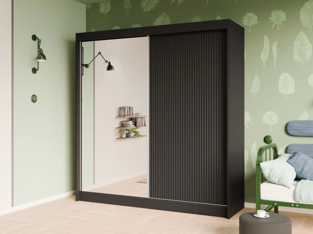 Schiebetürenschrank mit geriffelter Front und Spiegel 200 cm Fano Schwarz